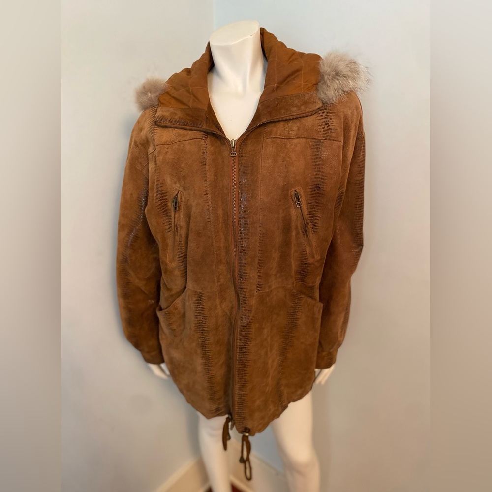 VINTAGE VICTORIA LEATHER DRAWSTRING COAT WITH FUR ZIPPER HOOD OVERSIZED SMALL